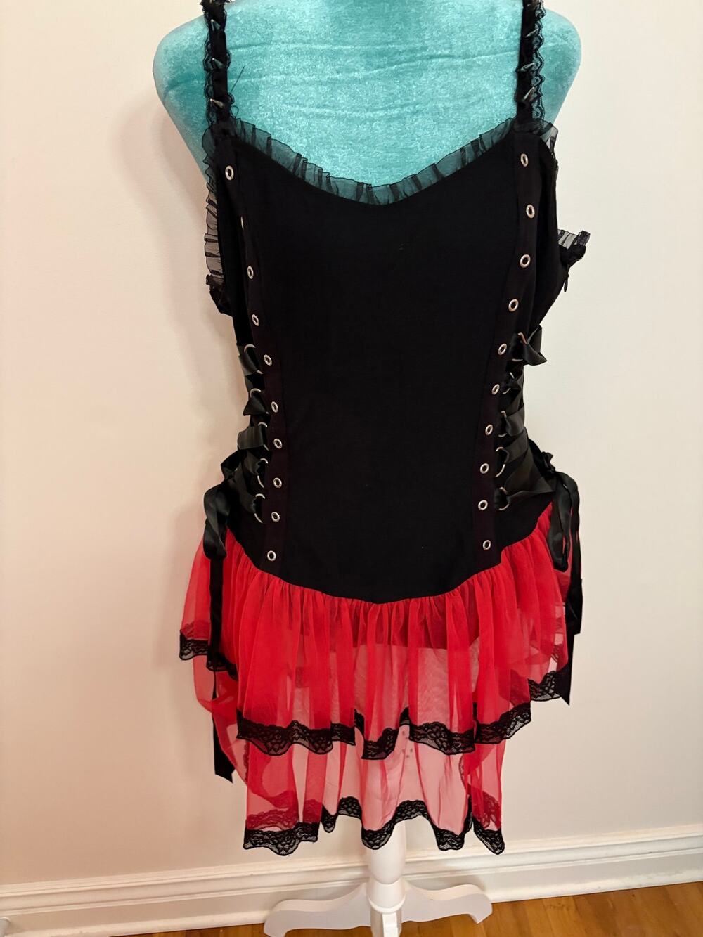 Widow Black Red Corset Lace Up Tiered Mesh Mini Dress Mall Goth Vampire Cyber